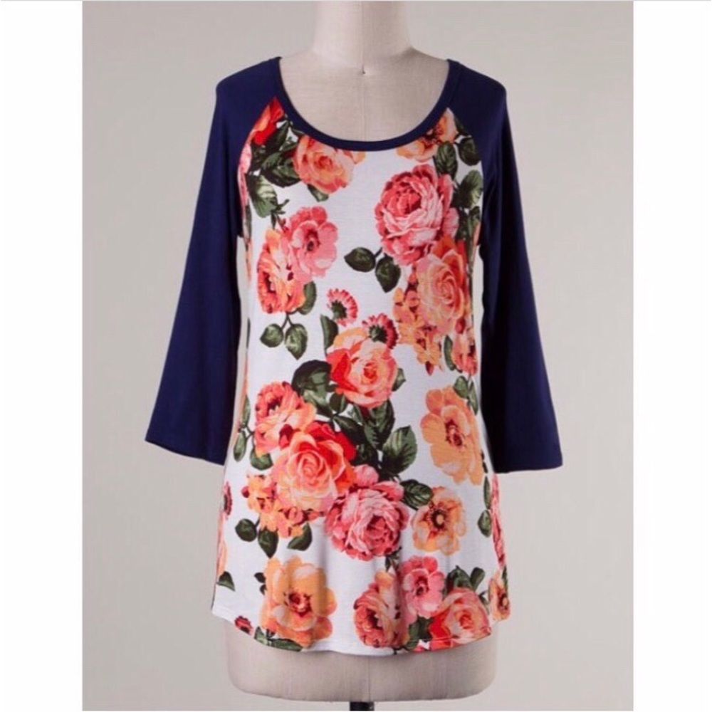 Floral/navy sleeve raglan